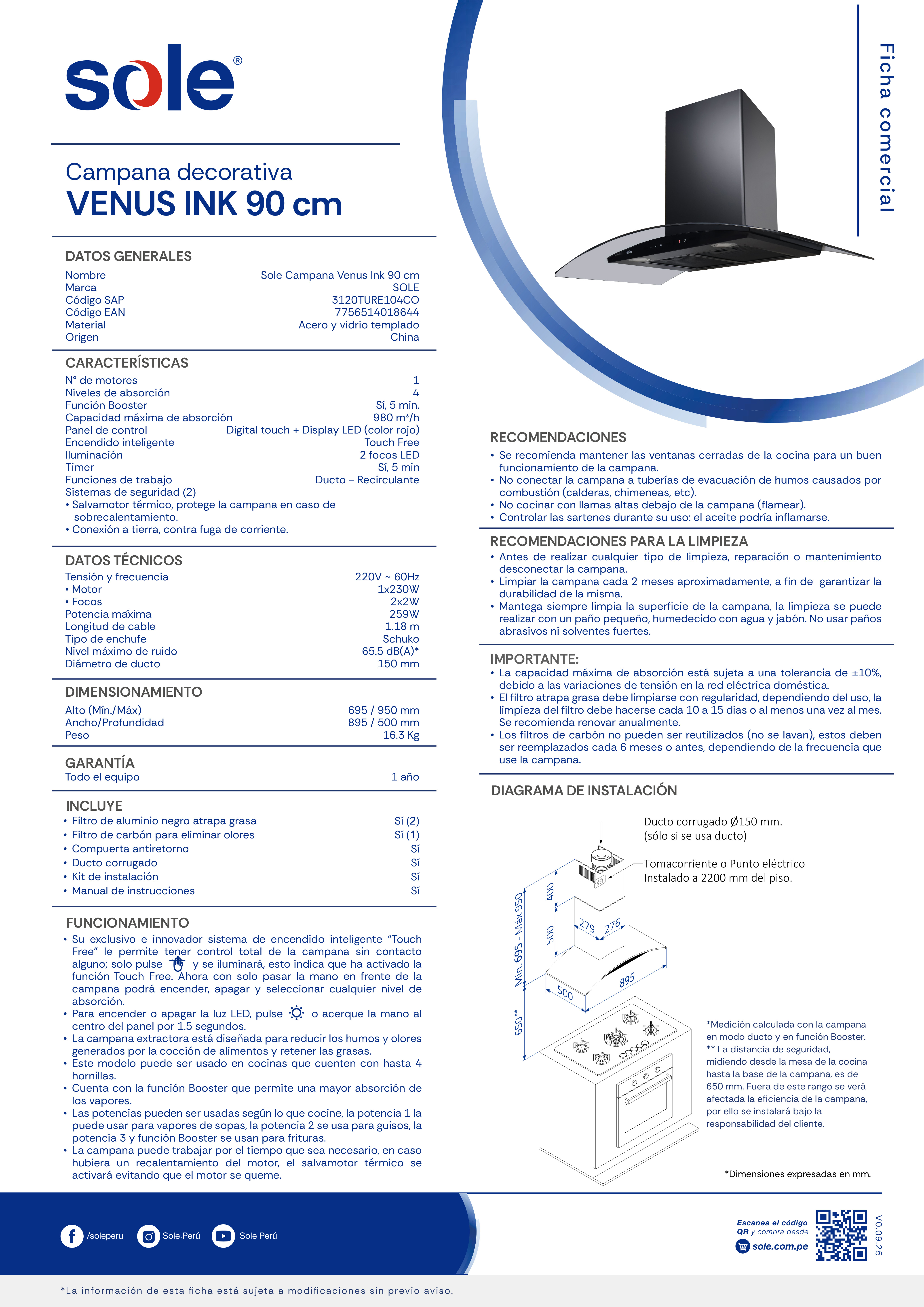 CAMPANA EXTRACTORA SOLE 90 CM DECORATIVA VENUS INK - 9
