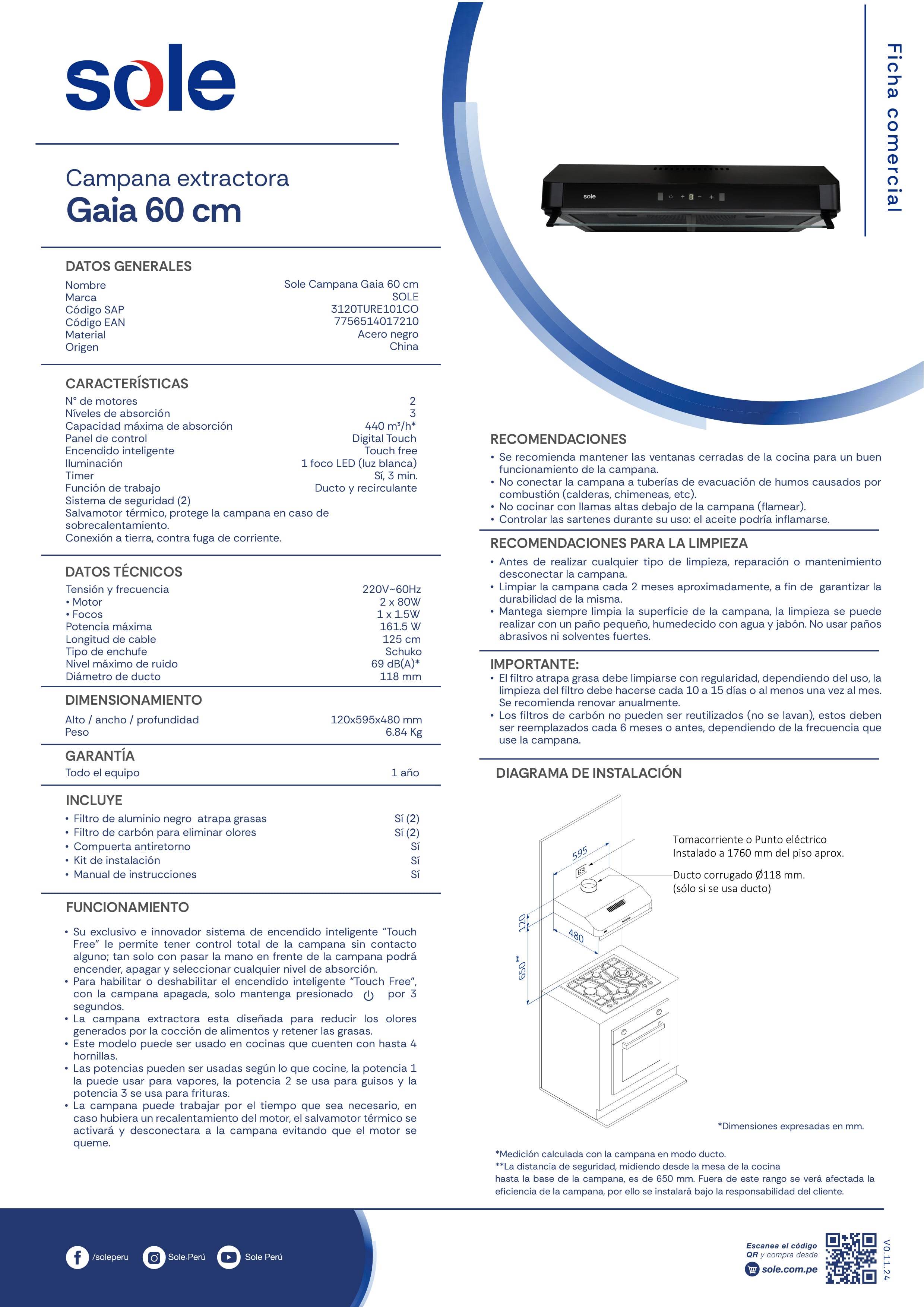 CAMPANA EXTRACTORA SOLE 60 CM TOUCH FREE GAIA - 8