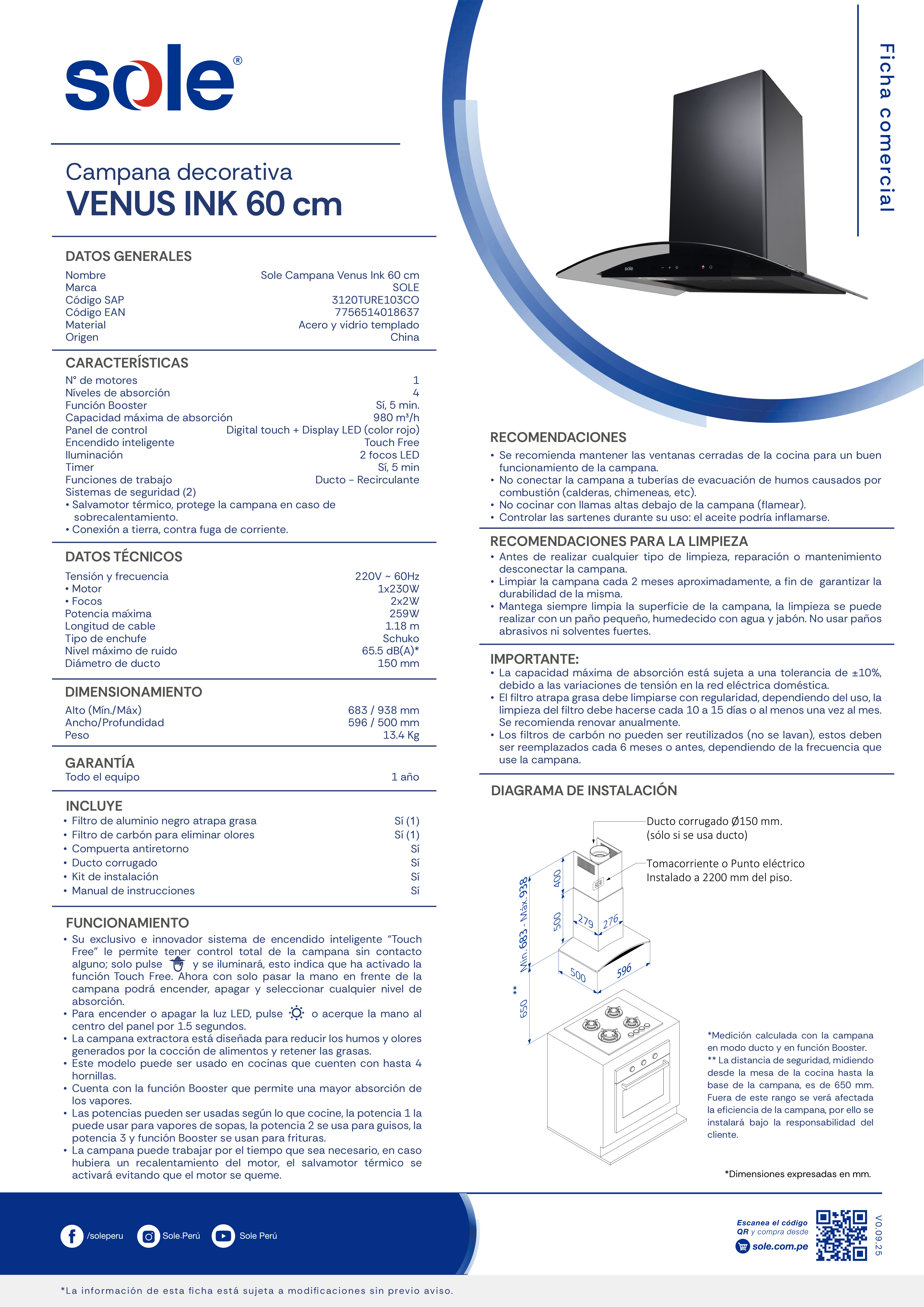 CAMPANA EXTRACTORA SOLE 60 CM DECORATIVA VENUS INK - 9