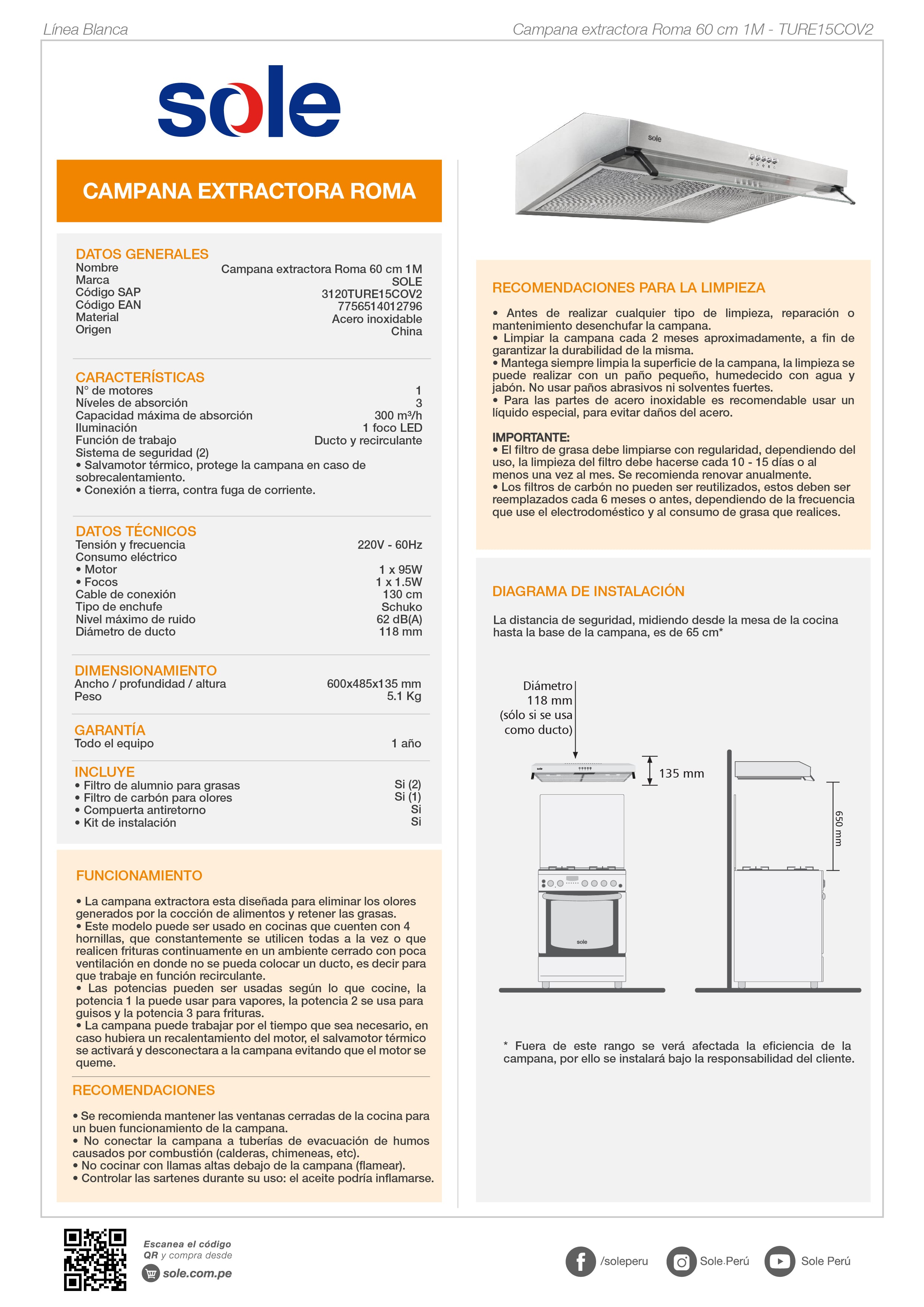 CAMPANA EXTRACTORA SOLE 60 CM INOX ROMA - 8
