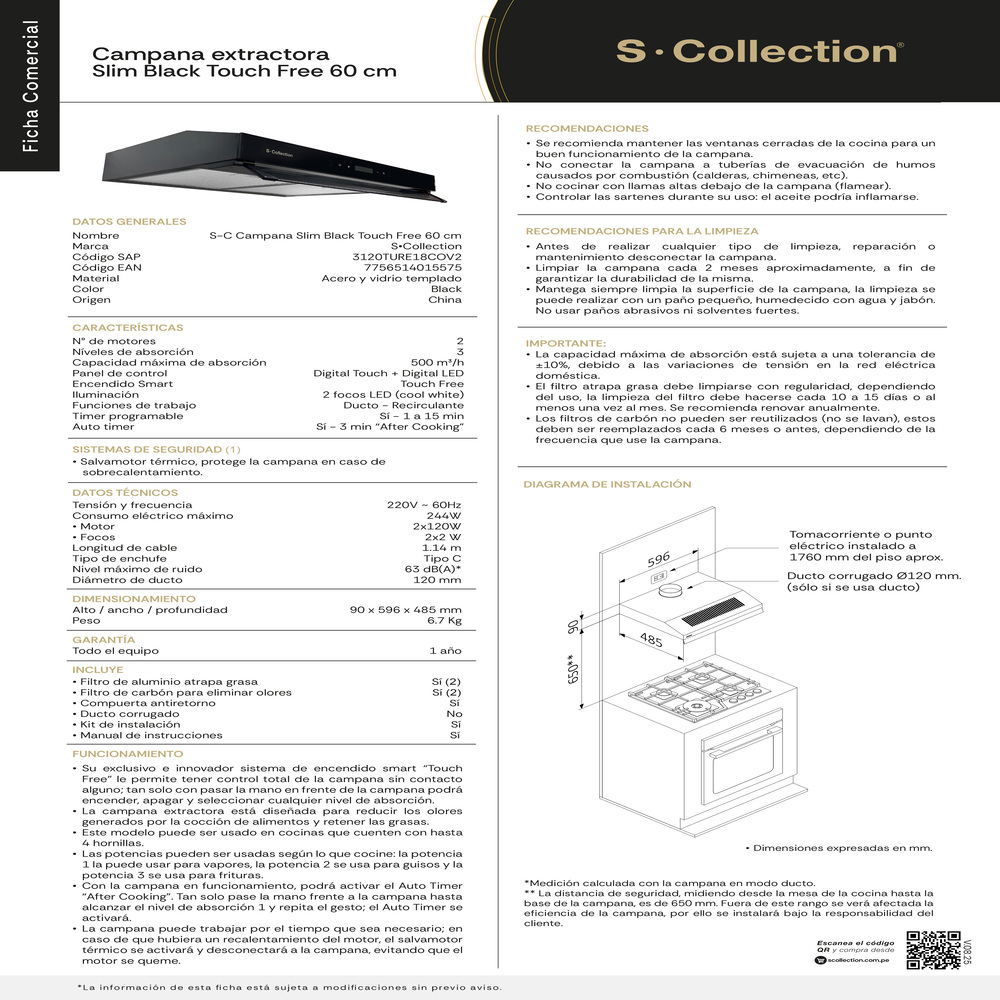 CAMPANA EXTRACTORA S-COLLECTION 60 CM TOUCH FREE SLIM BLACK - 10