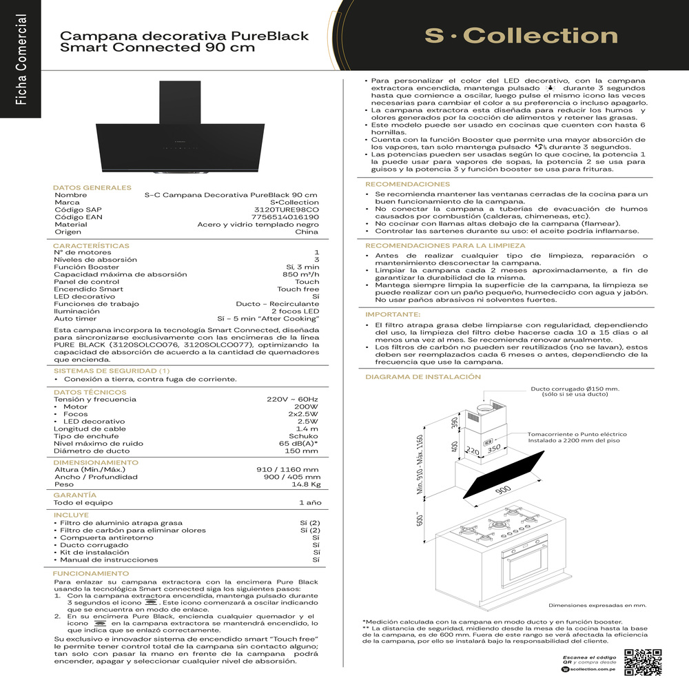 CAMPANA EXTRACTORA S-COLLECTION 90 CM SMART CONNECTED PUREBLACK - 10