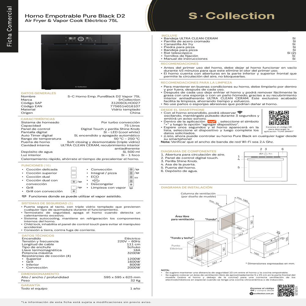 HORNO ELÉCTRICO S-COLLECTION EMPOTRABLE 75 L PUREBLACK D2 AIR FRYER Y VAPOR COOK - 10