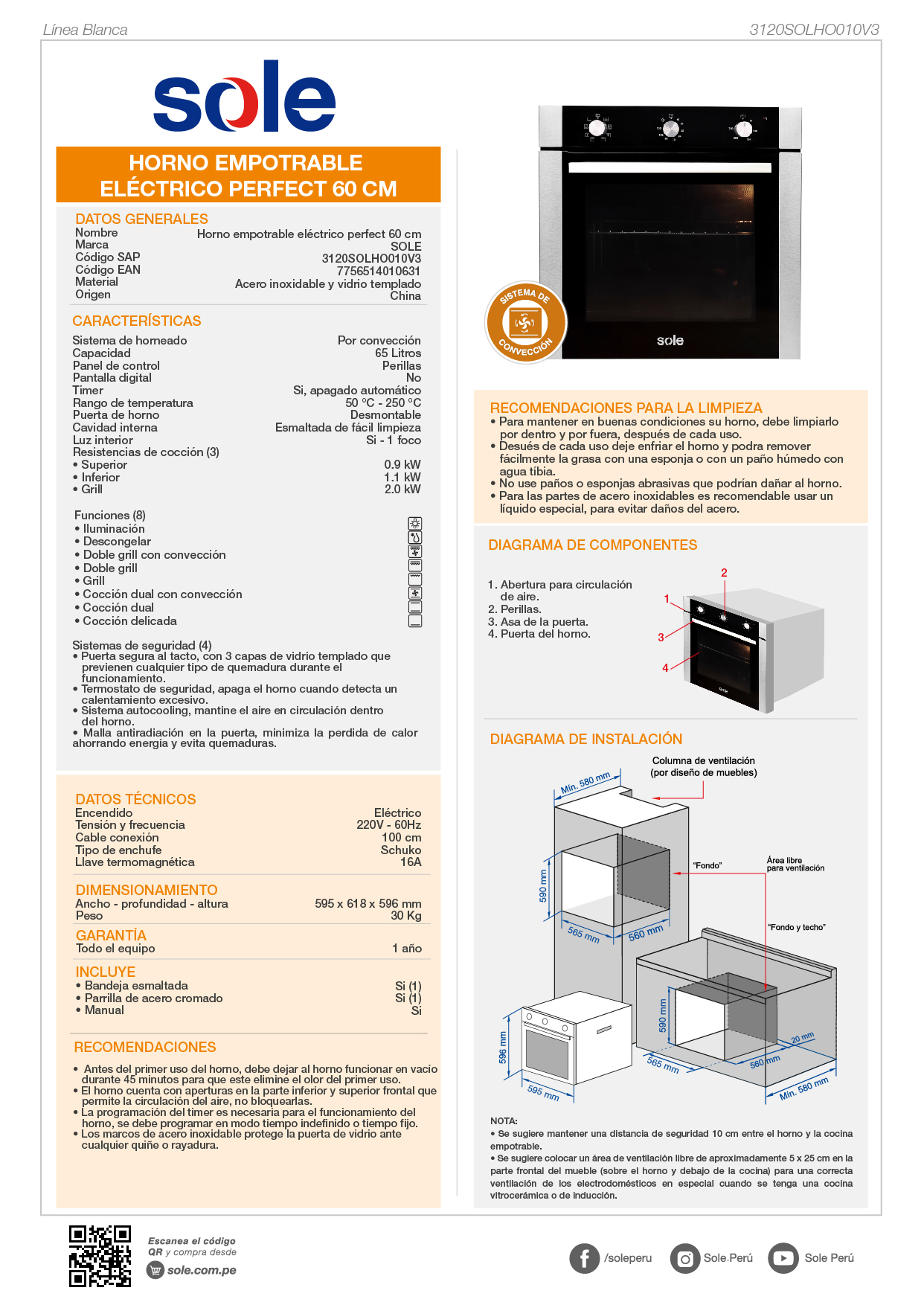 HORNO ELÉCTRICO SOLE EMPOTRABLE 65 L PERFECT - 10