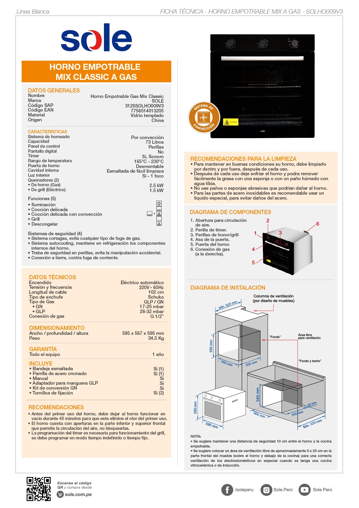 HORNO SOLE EMPOTRABLE 73 L MIX CLASSIC GLP/GN - 10