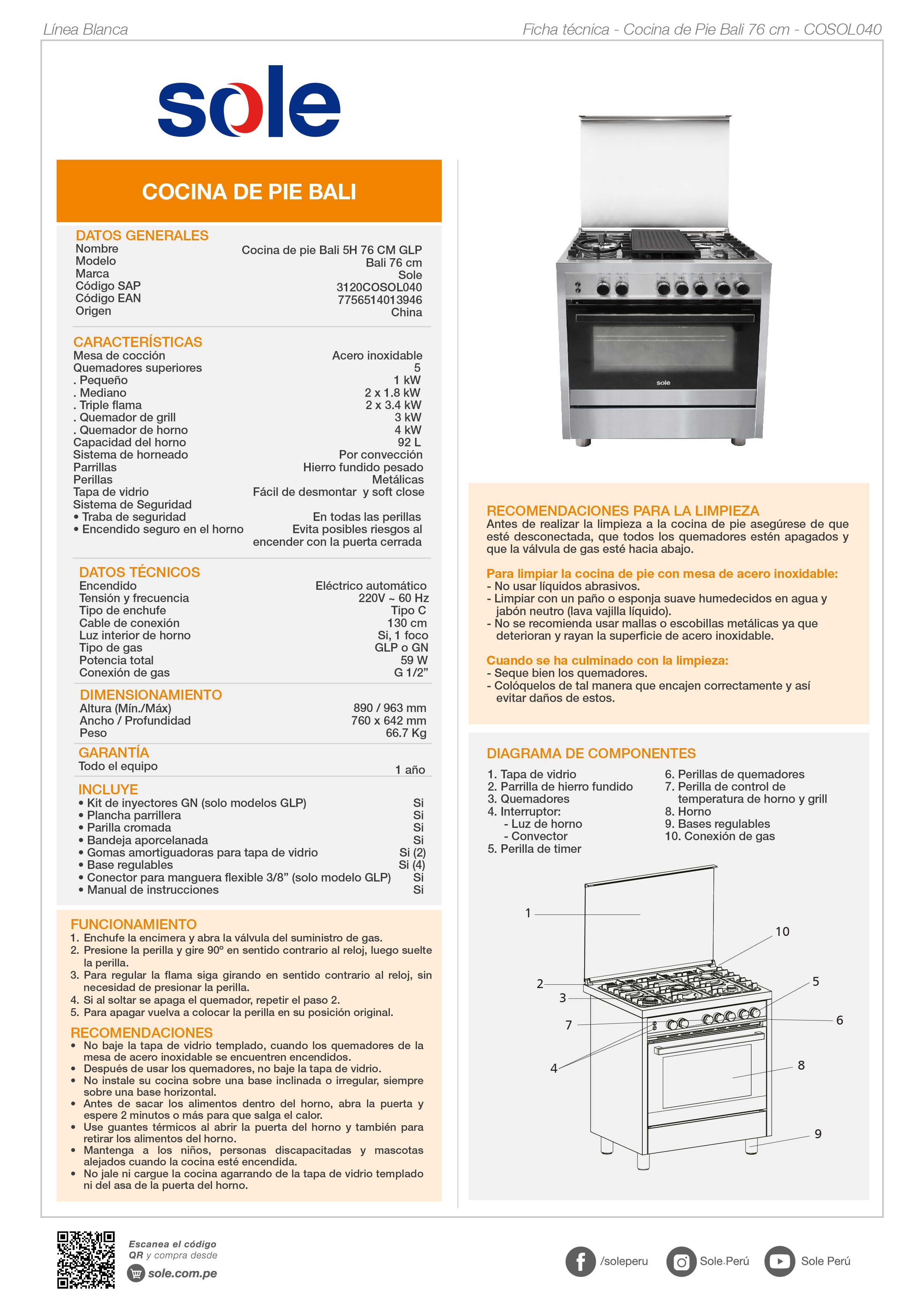 COCINA DE PIE GLP/GN SOLE 5 QUEMADORES 76 CM BALI - 10