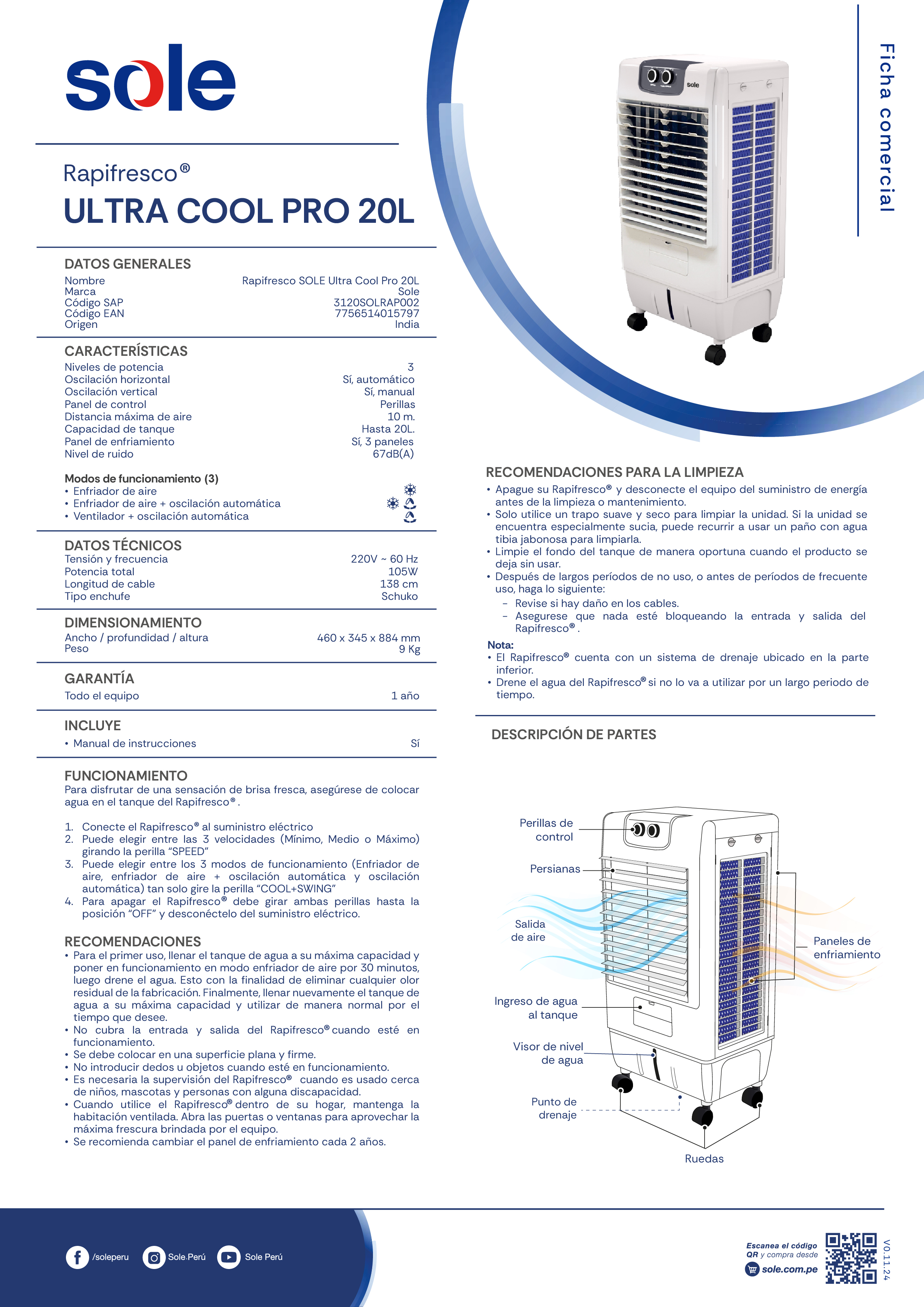 ENFRIADOR DE AIRE SOLE RAPIFRESCO ULTRA COOL PRO 20 L - 8