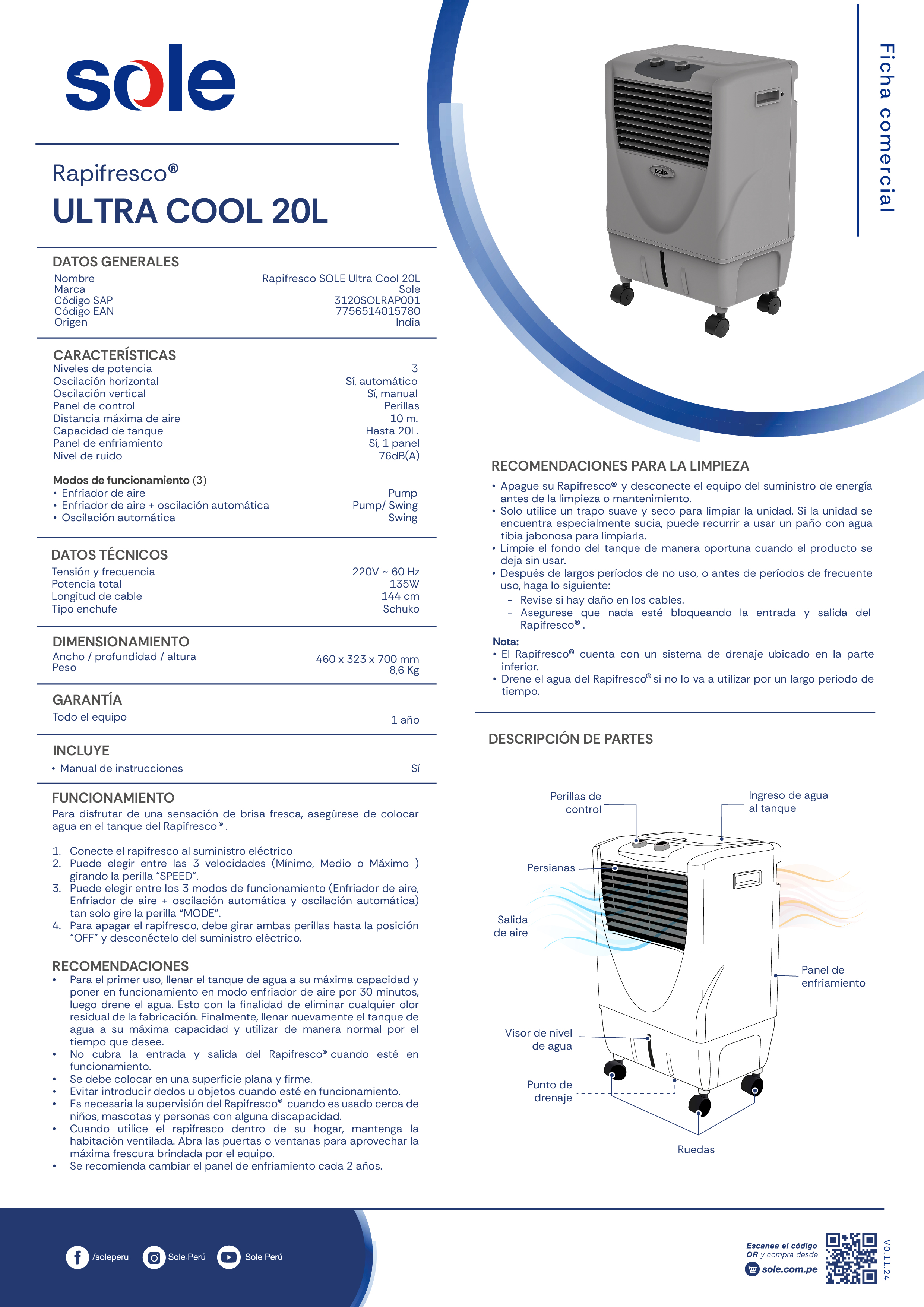 ENFRIADOR DE AIRE SOLE RAPIFRESCO ULTRA COOL 20 L - 7