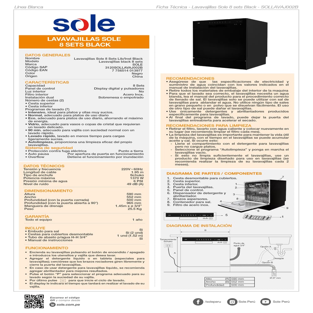 COMBO LAVAVAJILLAS SOLE 8 SETS + PURIFICADOR PRIME 5 AÑOS - 6