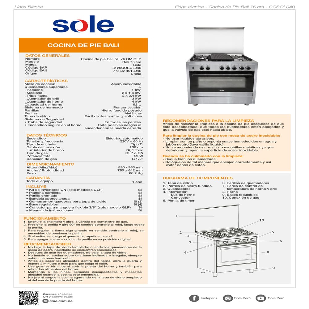 COMBO COCINA DE PIE BALI 5H Y MICROONDAS 3 EN 1 MULTIFUNCIONES 21L - 5
