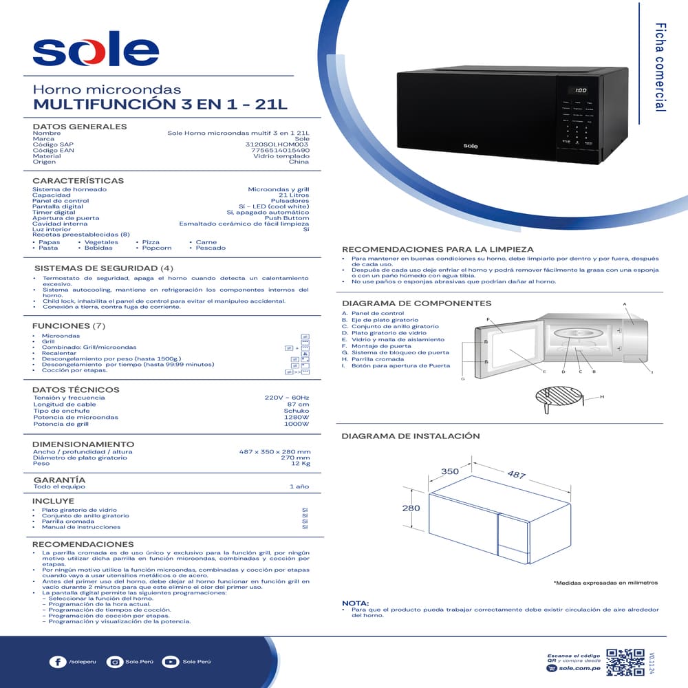 COMBO COCINA DE PIE BALI 5H Y MICROONDAS 3 EN 1 MULTIFUNCIONES 21L - 8