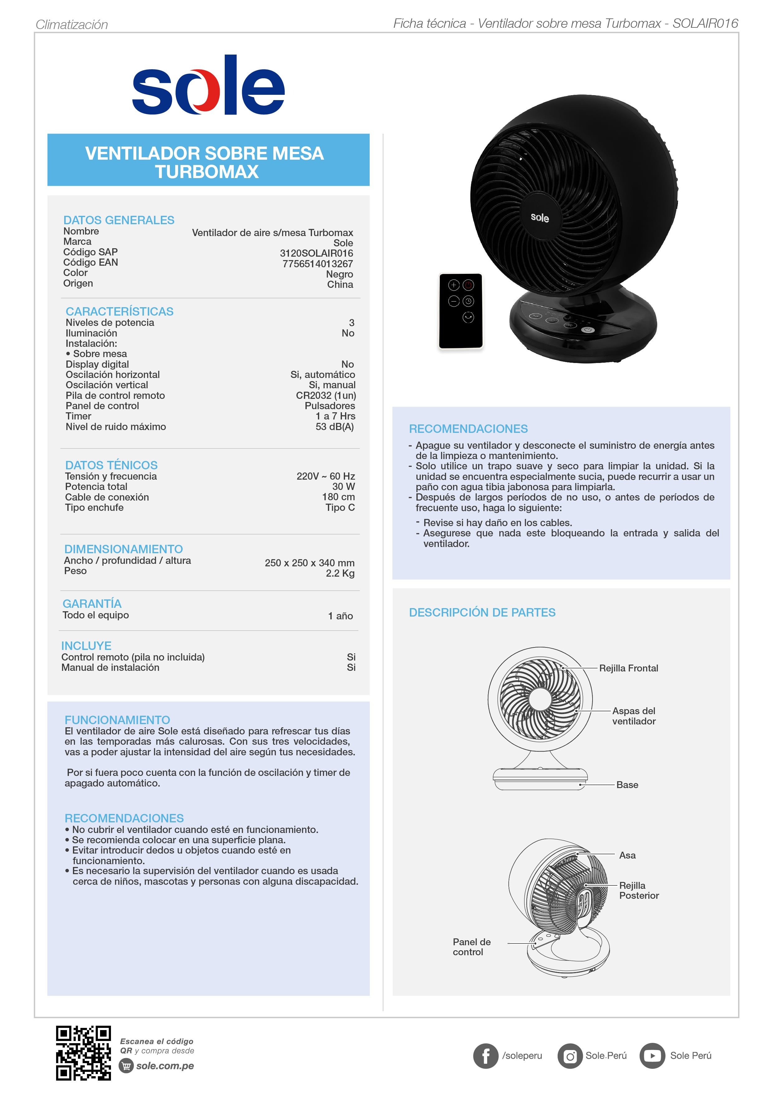 VENTILADOR DE AIRE SOBRE MESA TURBOMAX SOLE - 8