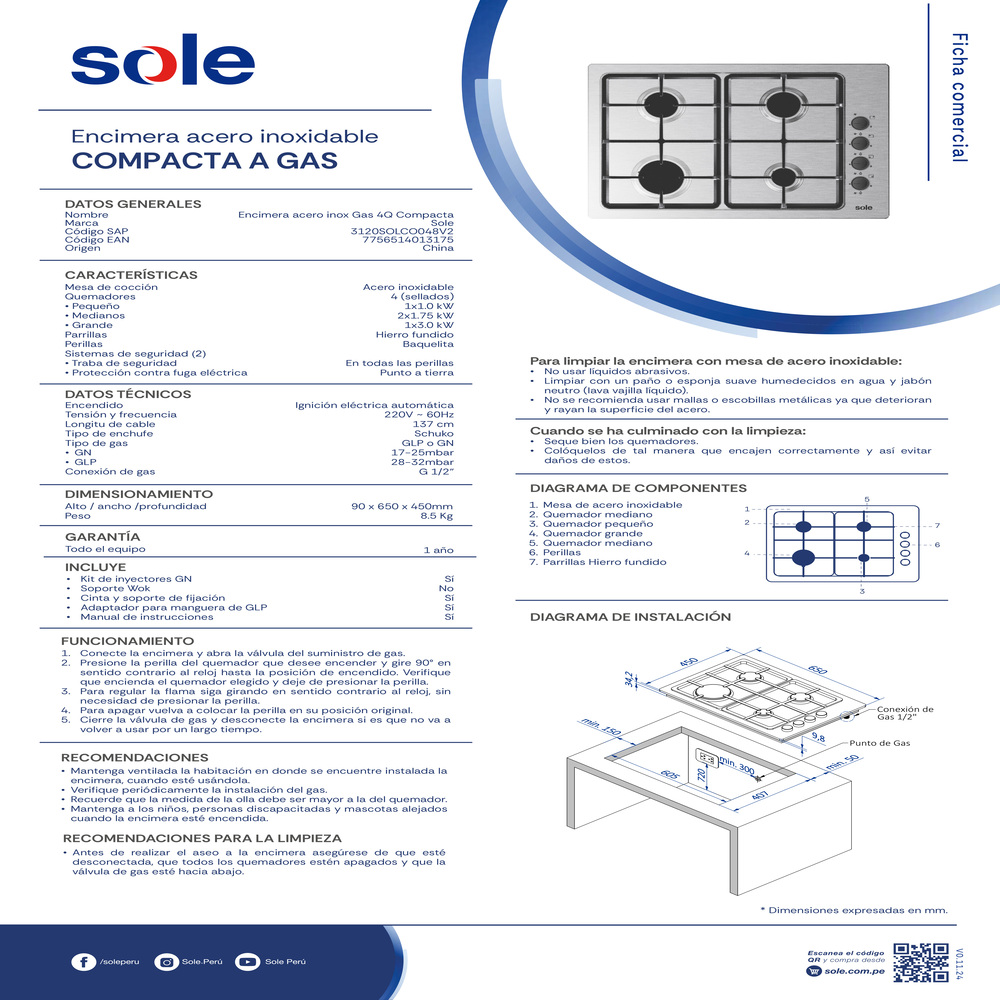 ENCIMERA ACERO INOXIDABLE SOLE A GAS 65CM PLATEADO - 5