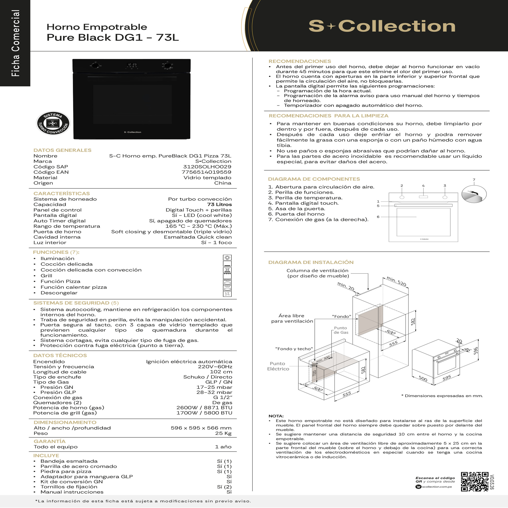 HORNO EMPOTRABLE PURE BLACK DG1 PIZZA 73L - 8