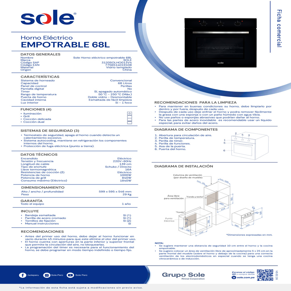 HORNO ELÉCTRICO EMPOTRABLE 68L VIDRIO TEMPLADO SOLE - 5