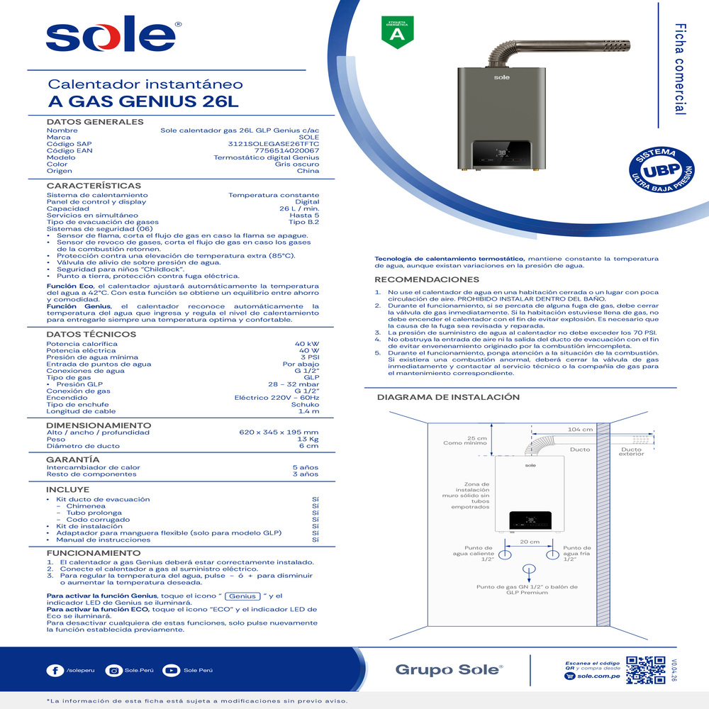 CALENTADOR SOLE GAS 26L GLP GENIUS C/AC - 6