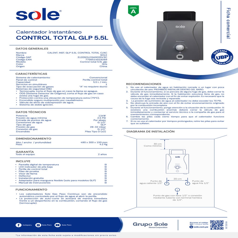 CALENTADOR INSTANTÁNEO SOLE CONTROL TOTAL 5.5L GLP - 6