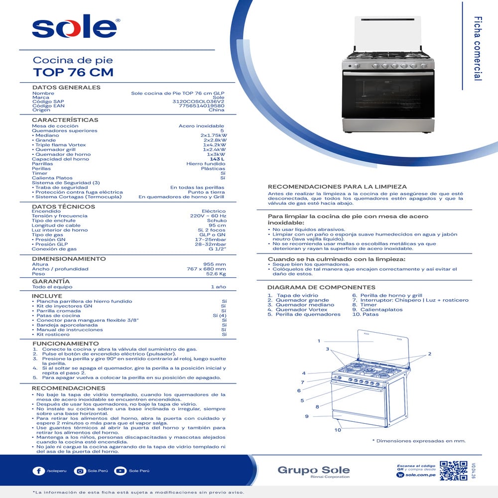 COCINA DE PIE TOP 76CM GLP/GN SOLE 5 HORNILLAS - 6