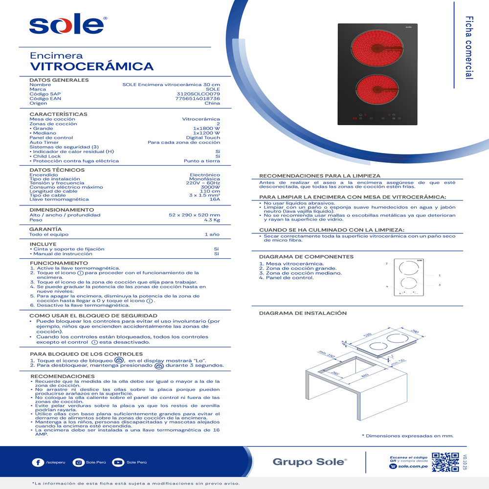 ENCIMERA VITROCERÁMICA SOLE 30 CM DIGITAL TOUCH - 6