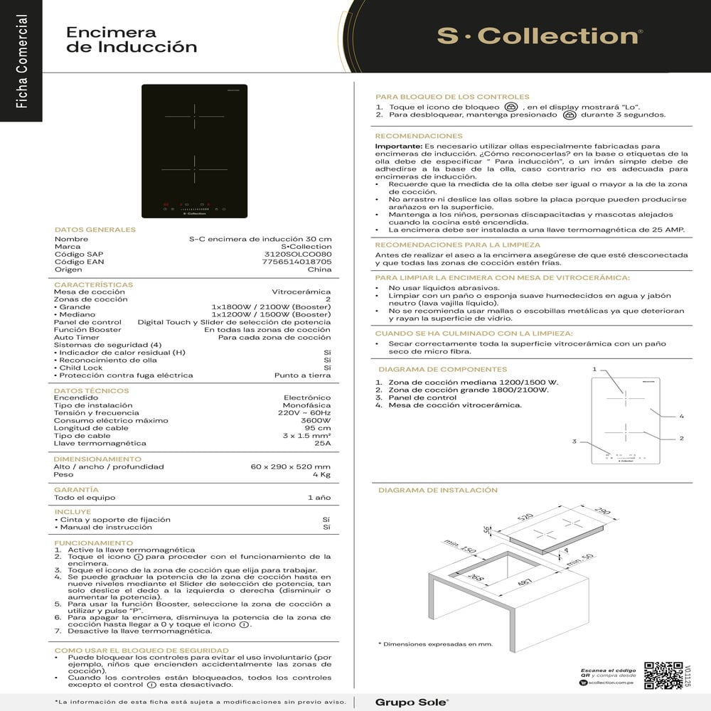 ENCIMERA VITROCERÁMICA DE INDUCCIÓN SCOLLECTION 30 CM - 6