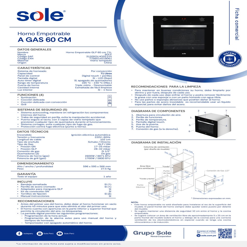 HORNO EMPOTRABLE SOLE GLP 60 CM 71L - 2