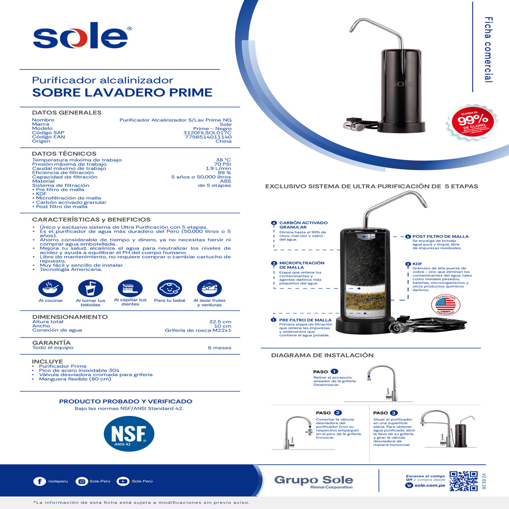 PURIFICADOR DE AGUA SOLE PRIME ALCALINIZADOR BLACK - 5