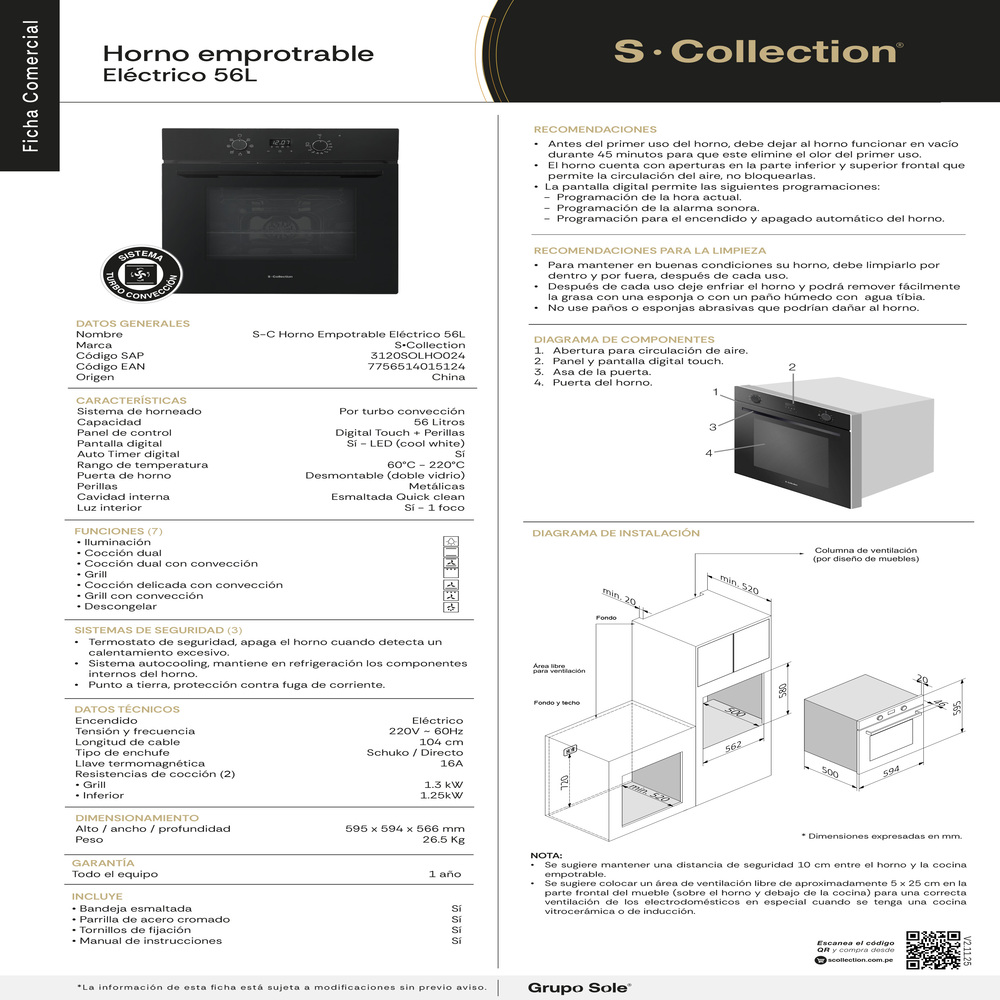 SET 1577 ENCIMERA BLACK GLASS SC + HORNO EMPOTRABLE ELÉCTRICO 56L SCOLLECTION - 5