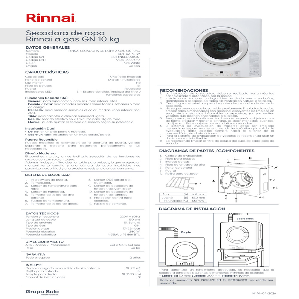 SECADORA DE ROPA RINNAI A GAS GN 10 KG - 7