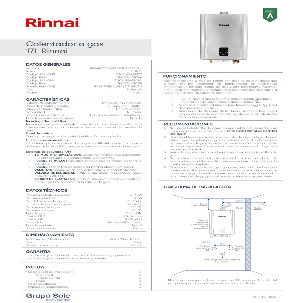 CALENTADOR A GAS GN 17 LITROS RINNAI - 7