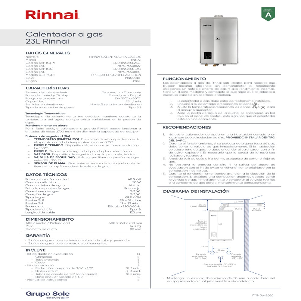 CALENTADOR A GAS GN 23 LITROS RINNAI - 5