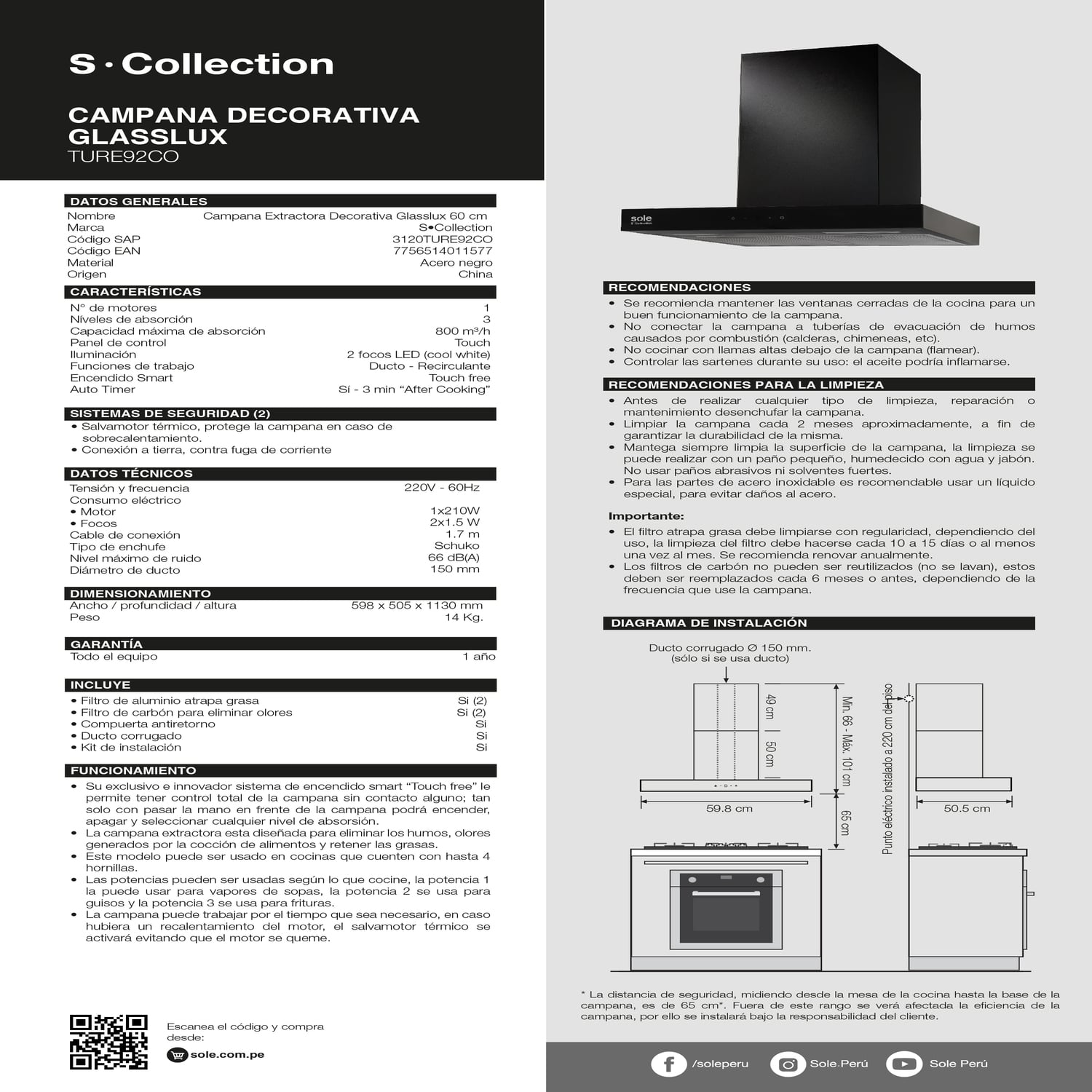 TRICOMBO SCOLLECTION ENCIMERA VIDRIO 60CM  + CAMPANA DECORATIVA + HORNO ELÉCTRICO  AIR FRYER 75L - 5
