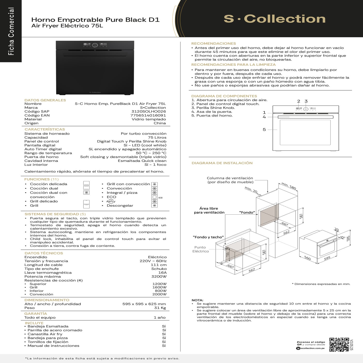 TRICOMBO SCOLLECTION ENCIMERA VIDRIO 60CM  + CAMPANA DECORATIVA + HORNO ELÉCTRICO  AIR FRYER 75L - 7