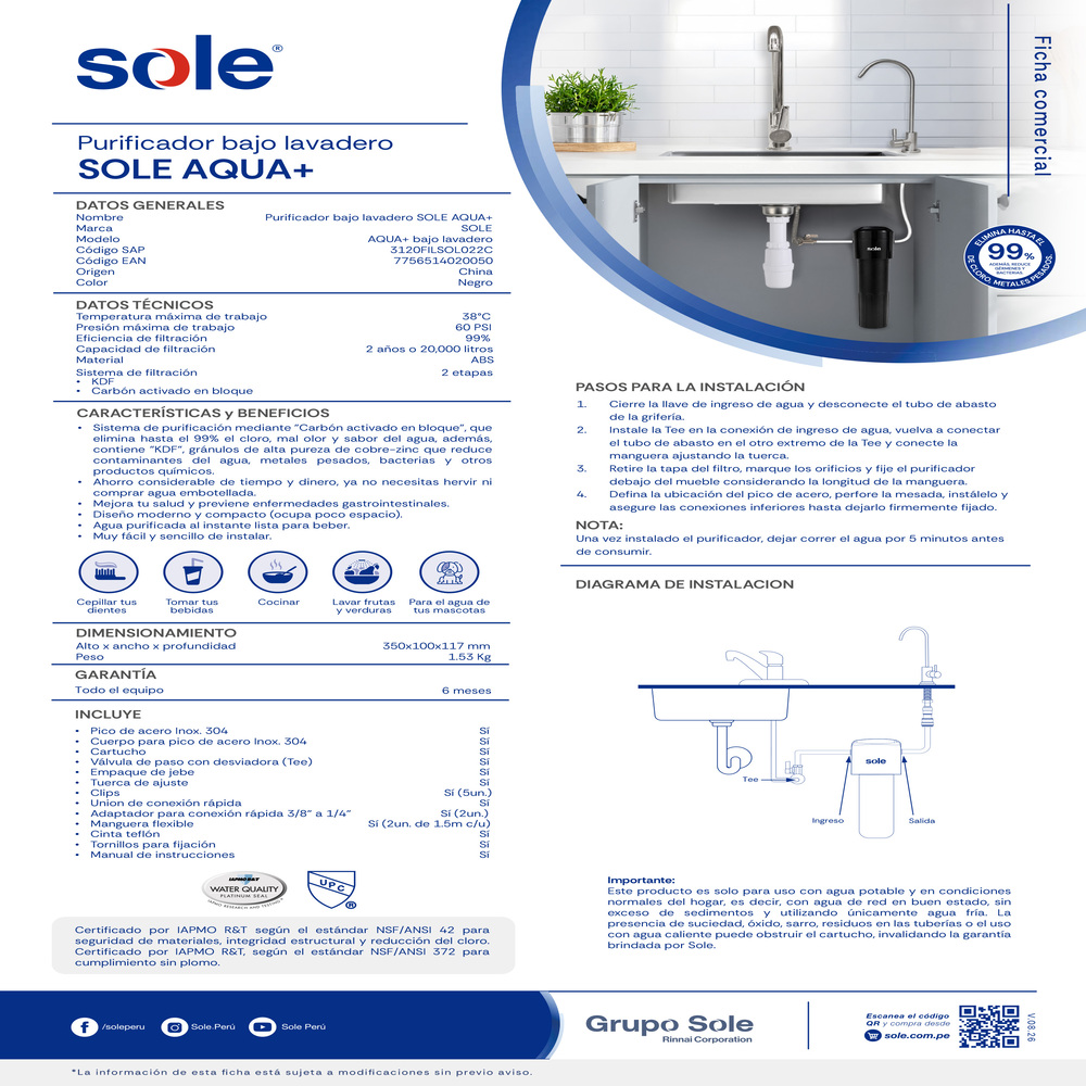 PURIFICADOR DE AGUA BAJO LAVADERO 2 AÑOS SOLE AQUA+ - 10