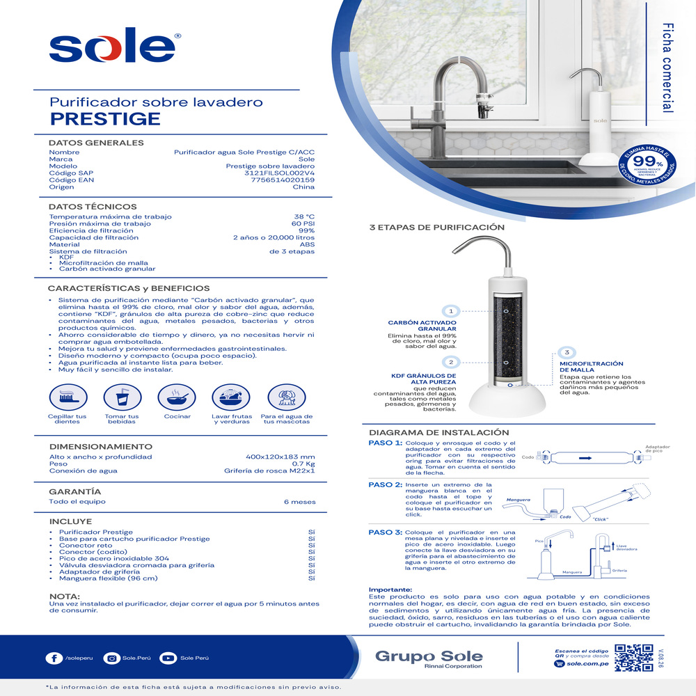 PURIFICADOR DE AGUA SOBRE LAVADERO 2 AÑOS SOLE PRESTIGE - 8