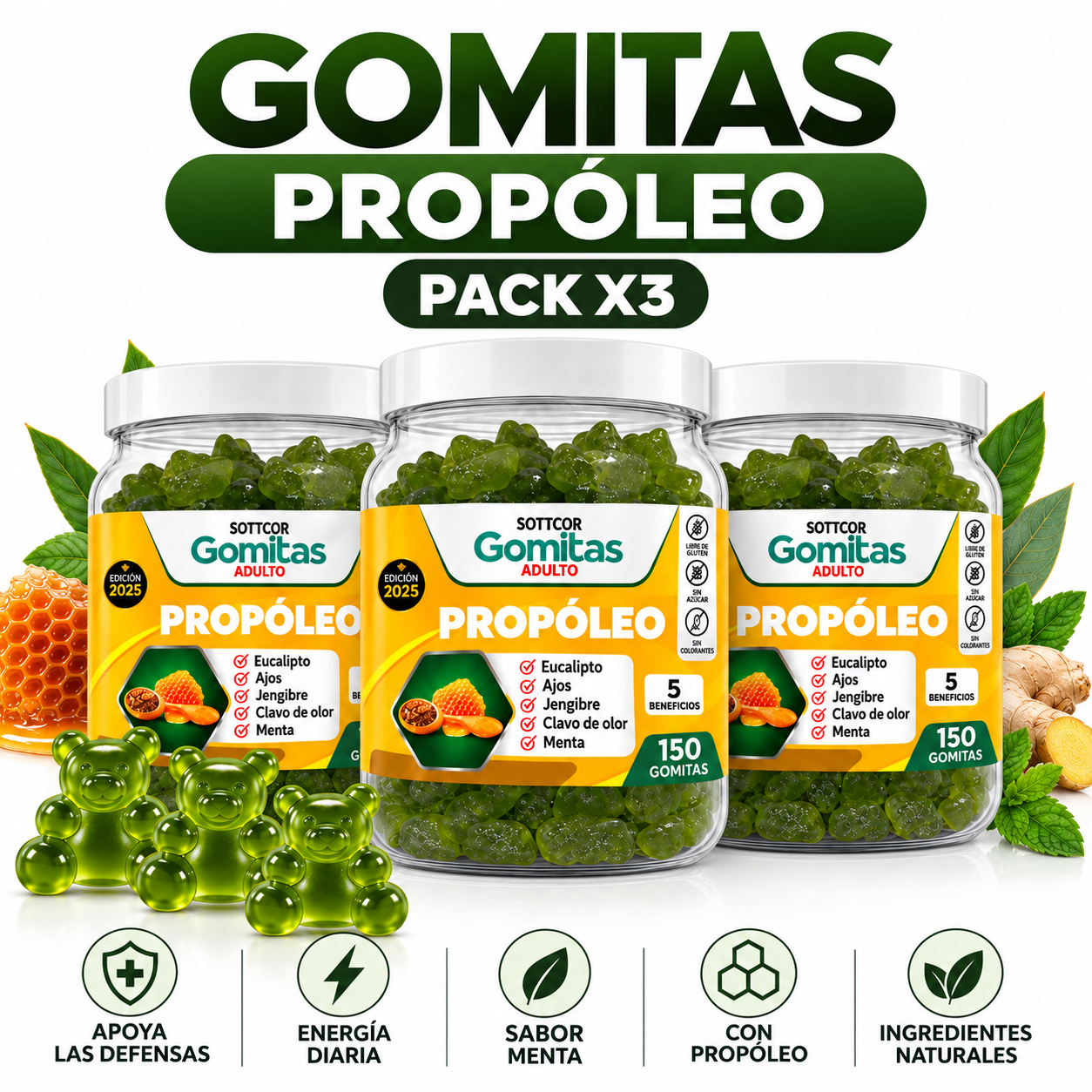 PACK 3 GOMITAS PROPÓLEO PARA ADULTOS 450 GOMITAS SOTTCOR LABS - 1