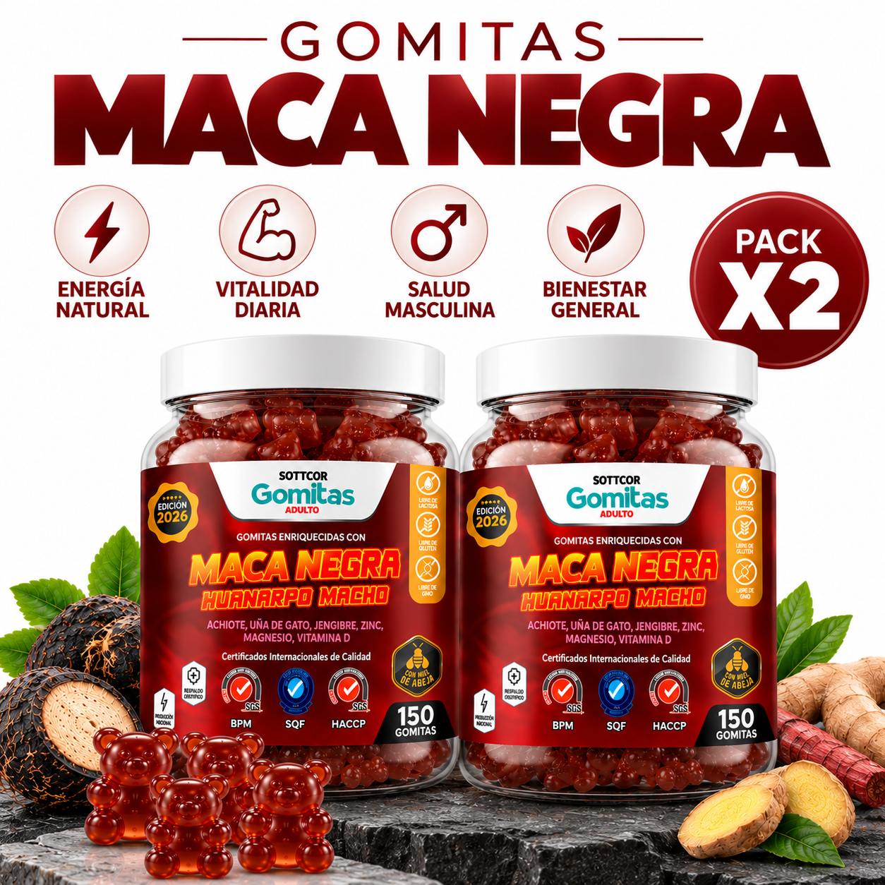 PACK 2 GOMITAS MACA NEGRA PARA ADULTOS 300 GOMITAS SOTTCOR LABS - 1