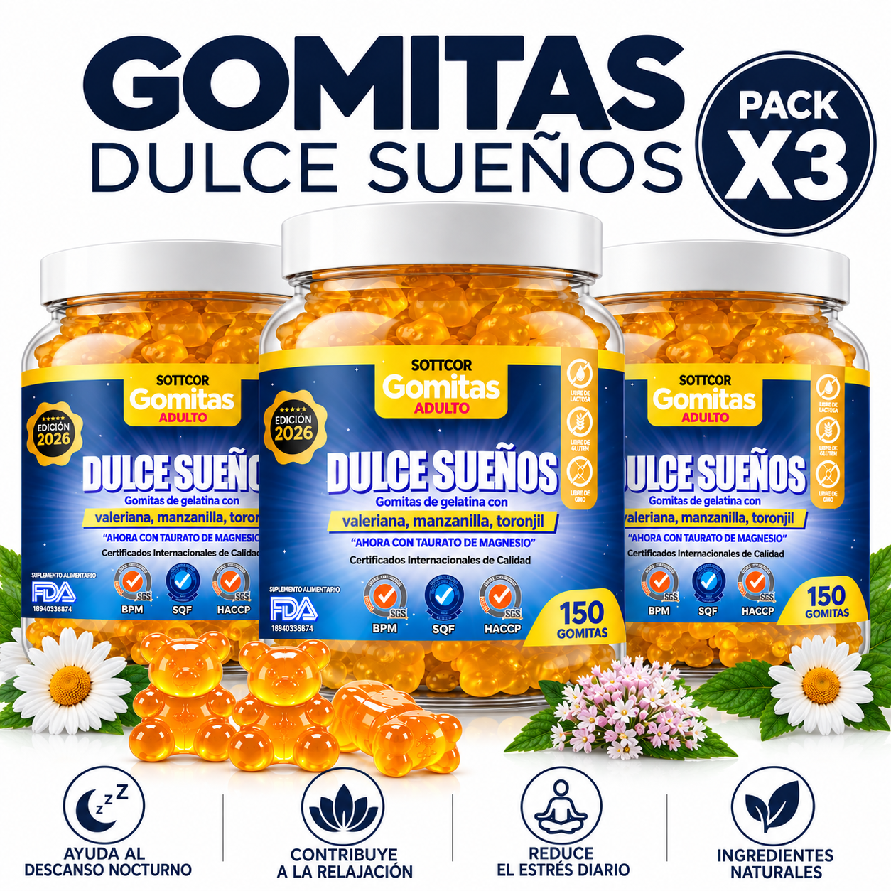 PACK 3 GOMITAS DULCES SUEÑOS CON VALERIANA 450 UND SOTTCOR LABS - 1