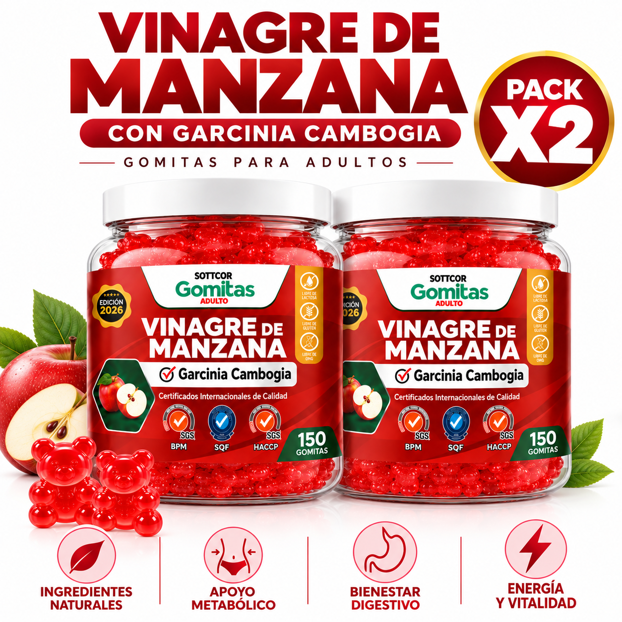 PACK 2 GOMITAS VINAGRE DE MANZANA 300 SOTTCOR LABS - 1
