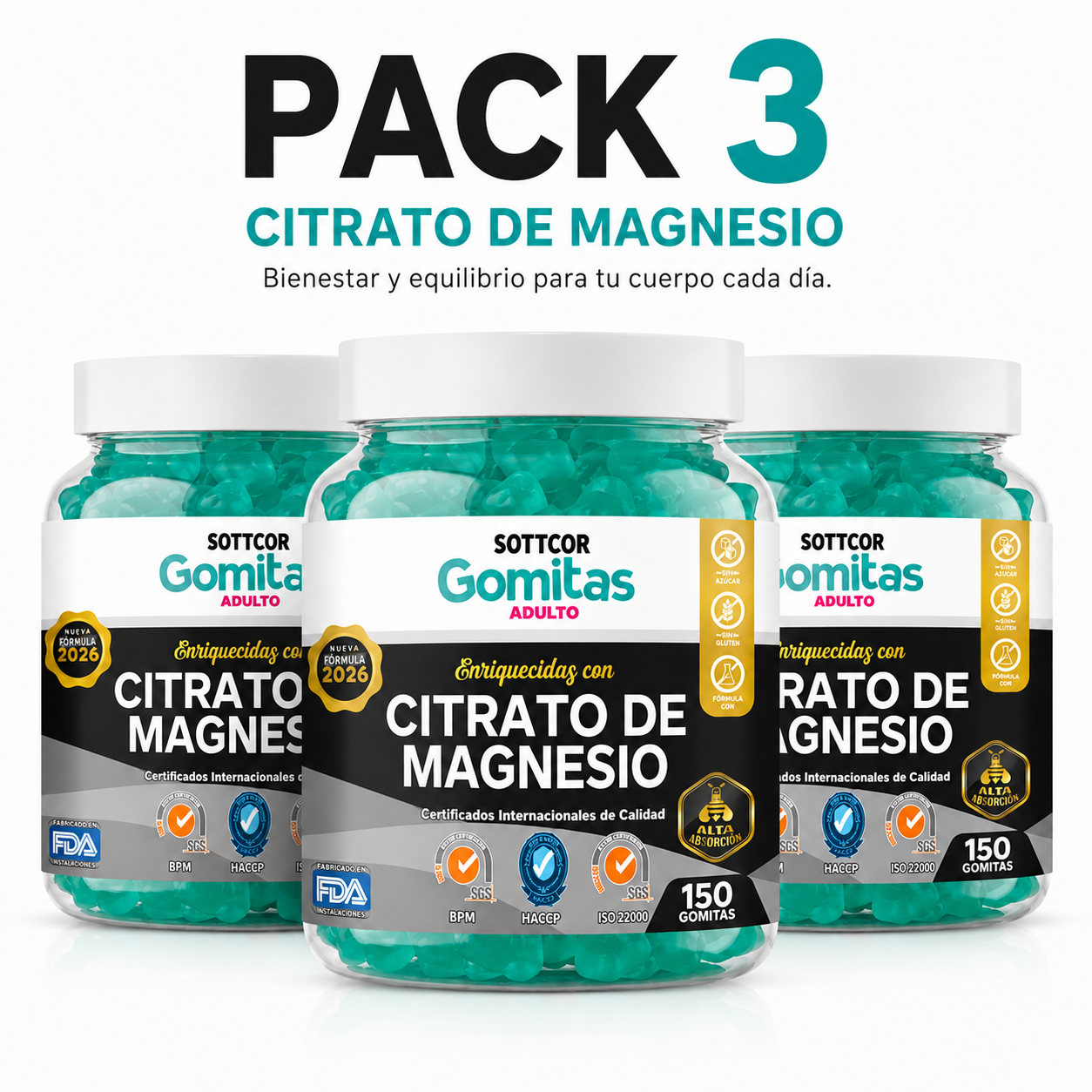 PACK 3 GOMITAS CITRATO DE MAGNESIO PARA ADULTOS 450 GOMITAS SOTTCOR LABS - 1