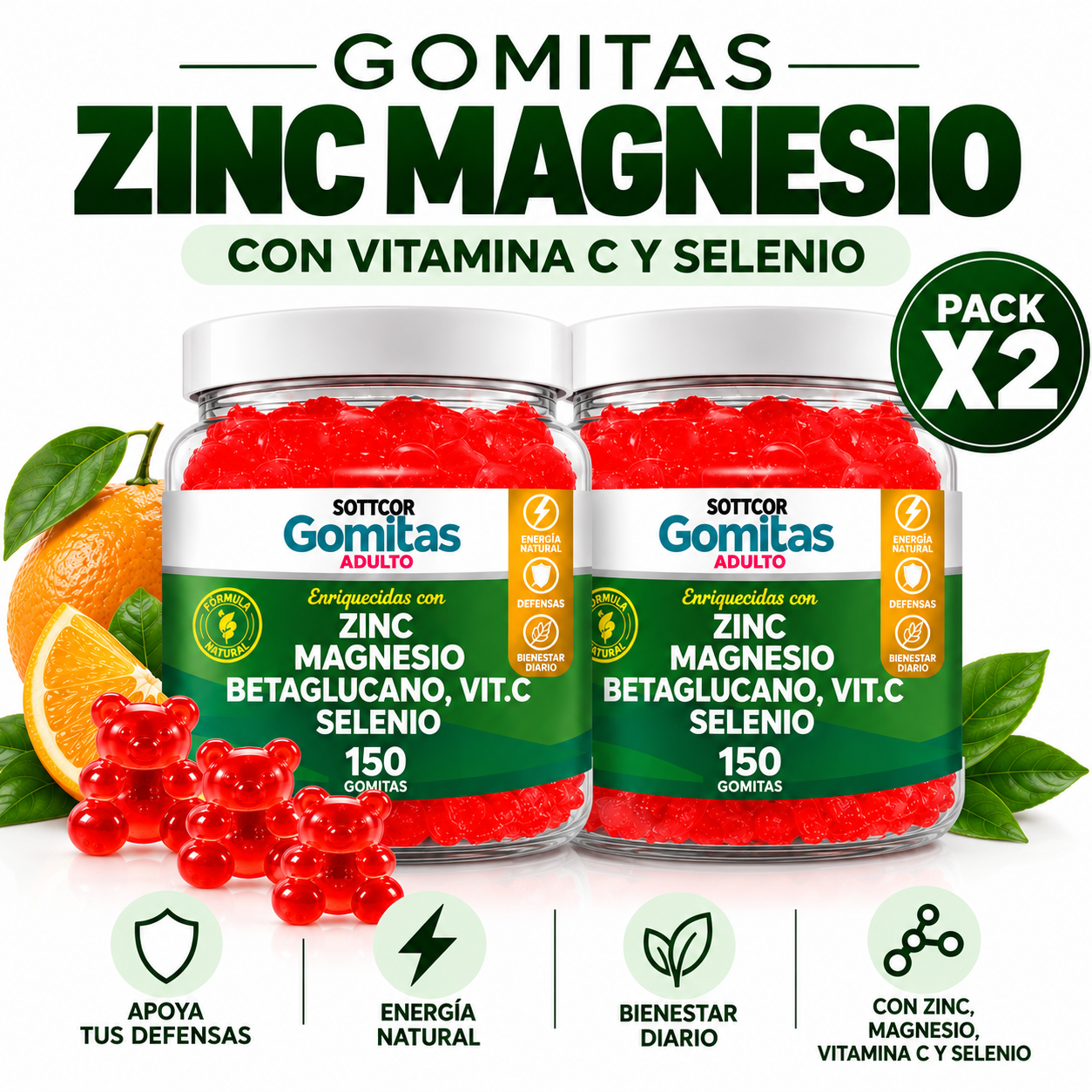 PACK 2 GOMITAS ZINC PARA ADULTOS 300 GOMITAS SOTTCOR LABS - 1