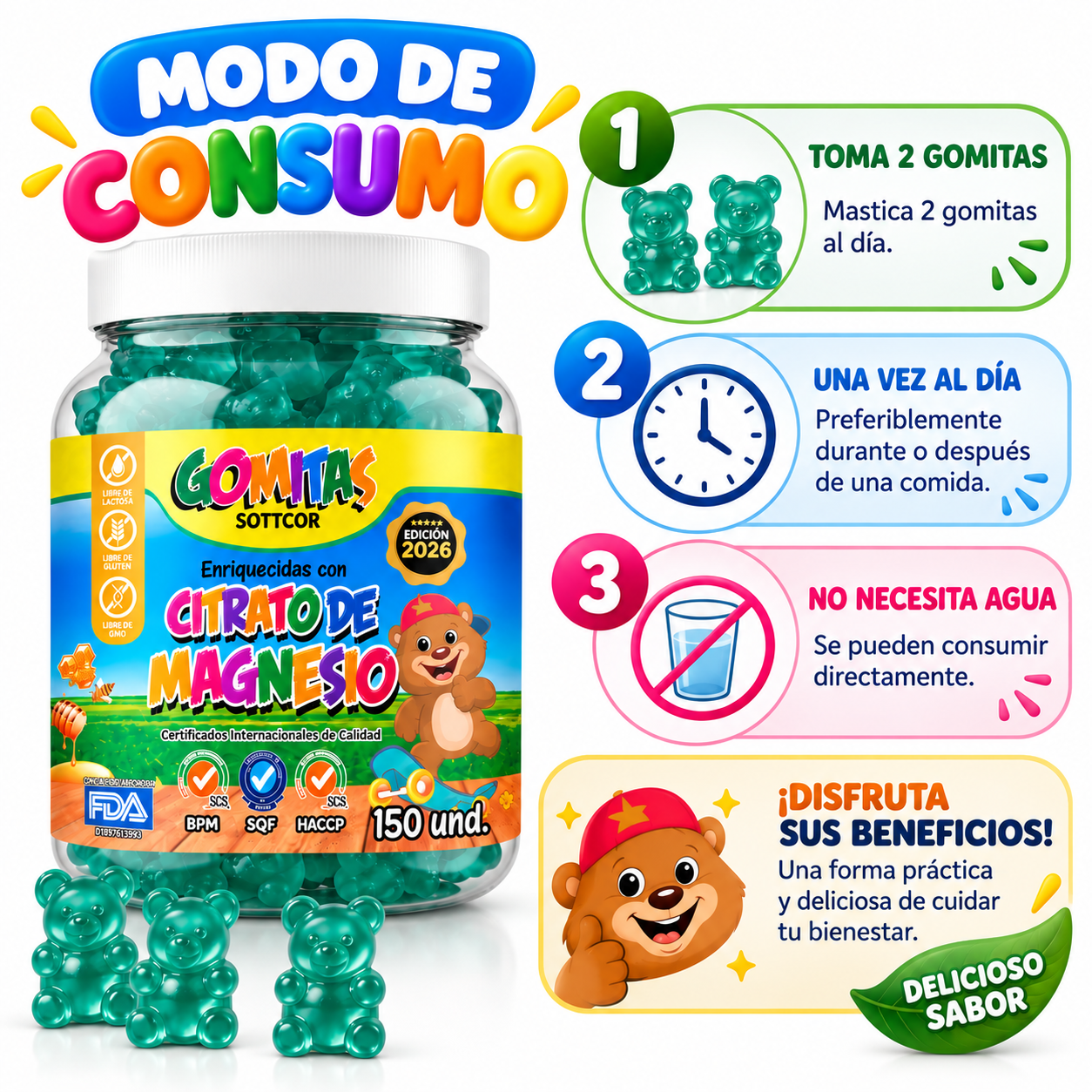 PACK 3 GOMITAS CITRATO DE MAGNESIO NIÑOS 450 GOMITAS SOTTCOR LABS - 4