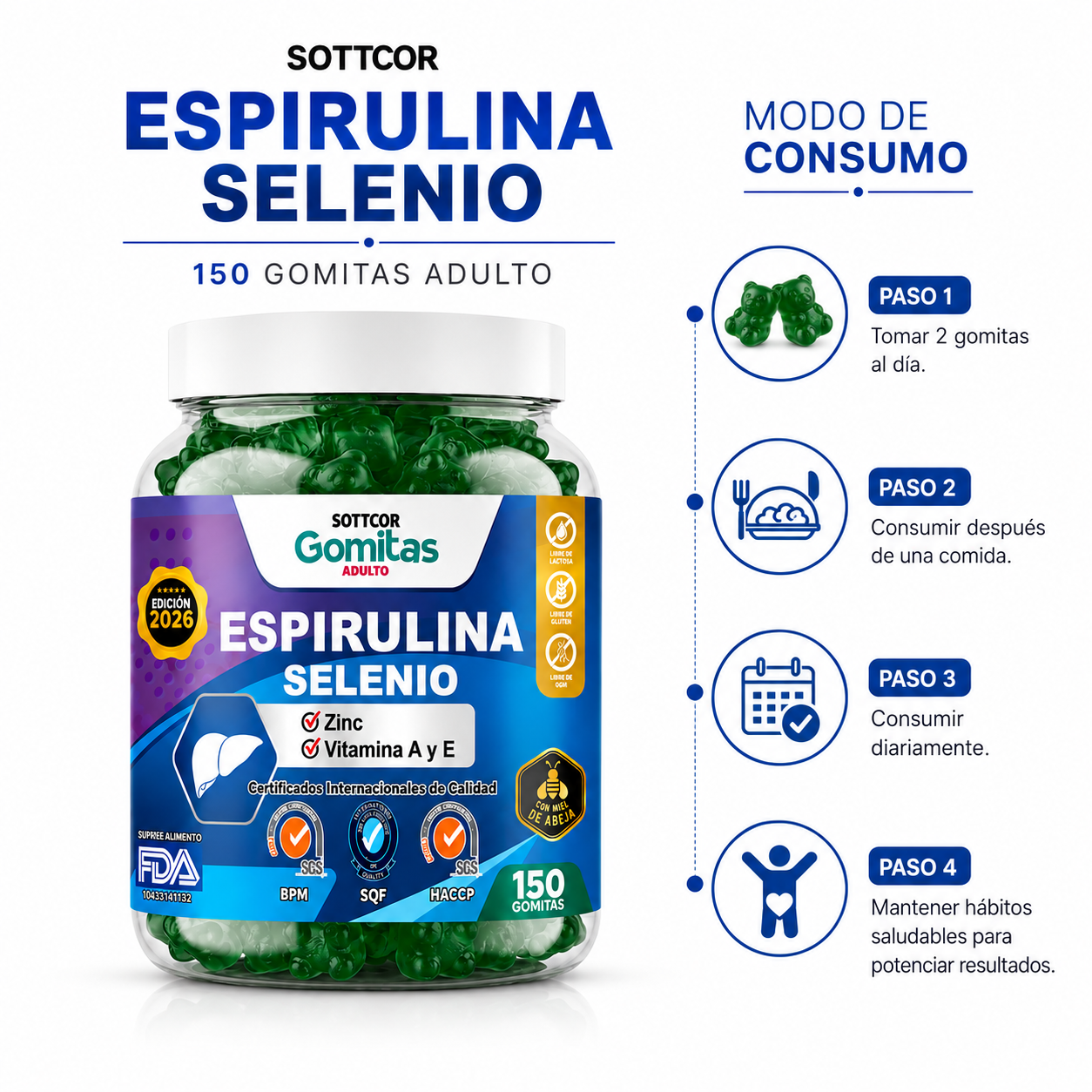 GOMITAS ESPIRULINA SELENIO PARA ADULTOS 150 GOMITAS SOTTCOR LABS - 3