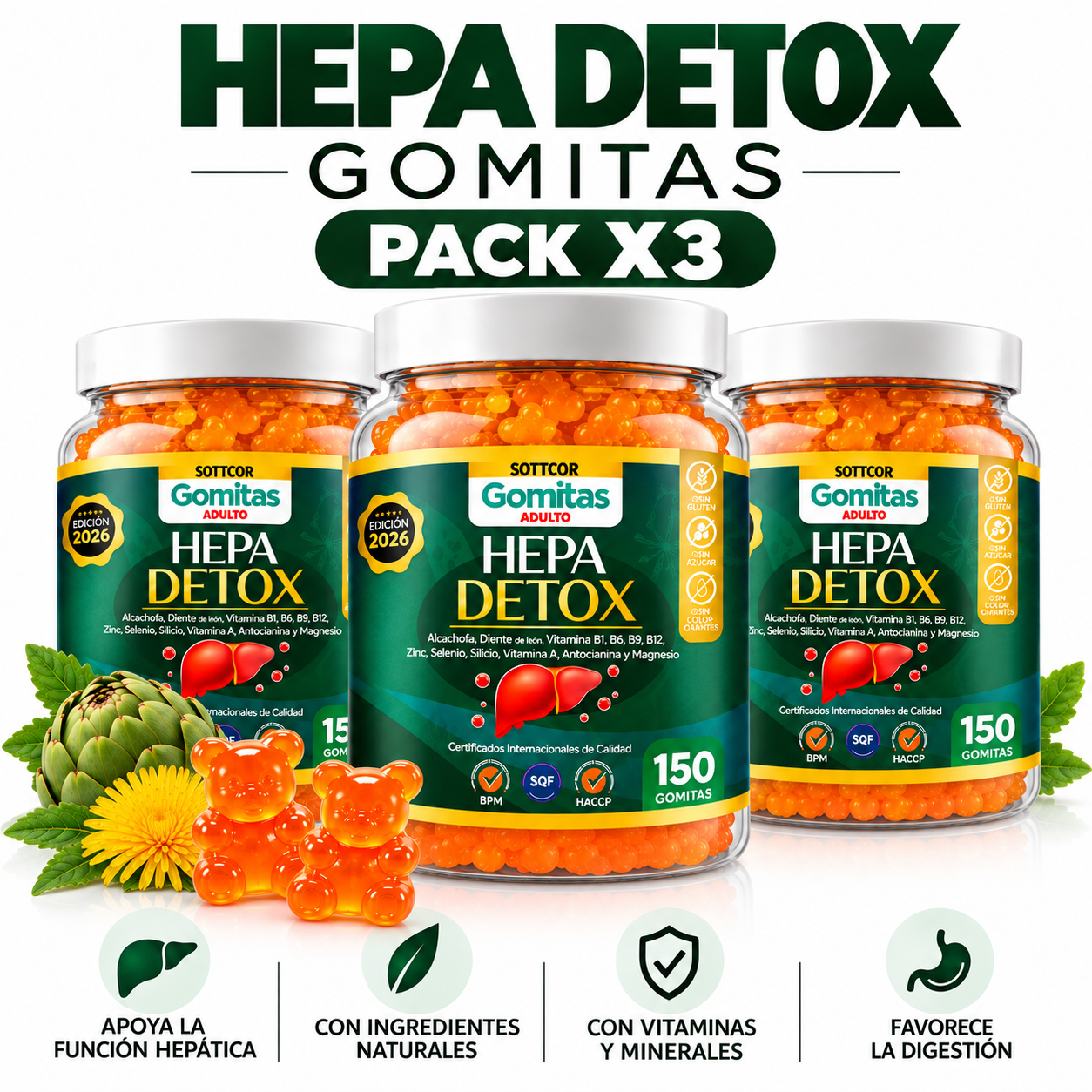 PACK 3 GOMITAS HEPA DETOX PARA ADULTOS 450 GOMITAS SOTTCOR LABS - 1
