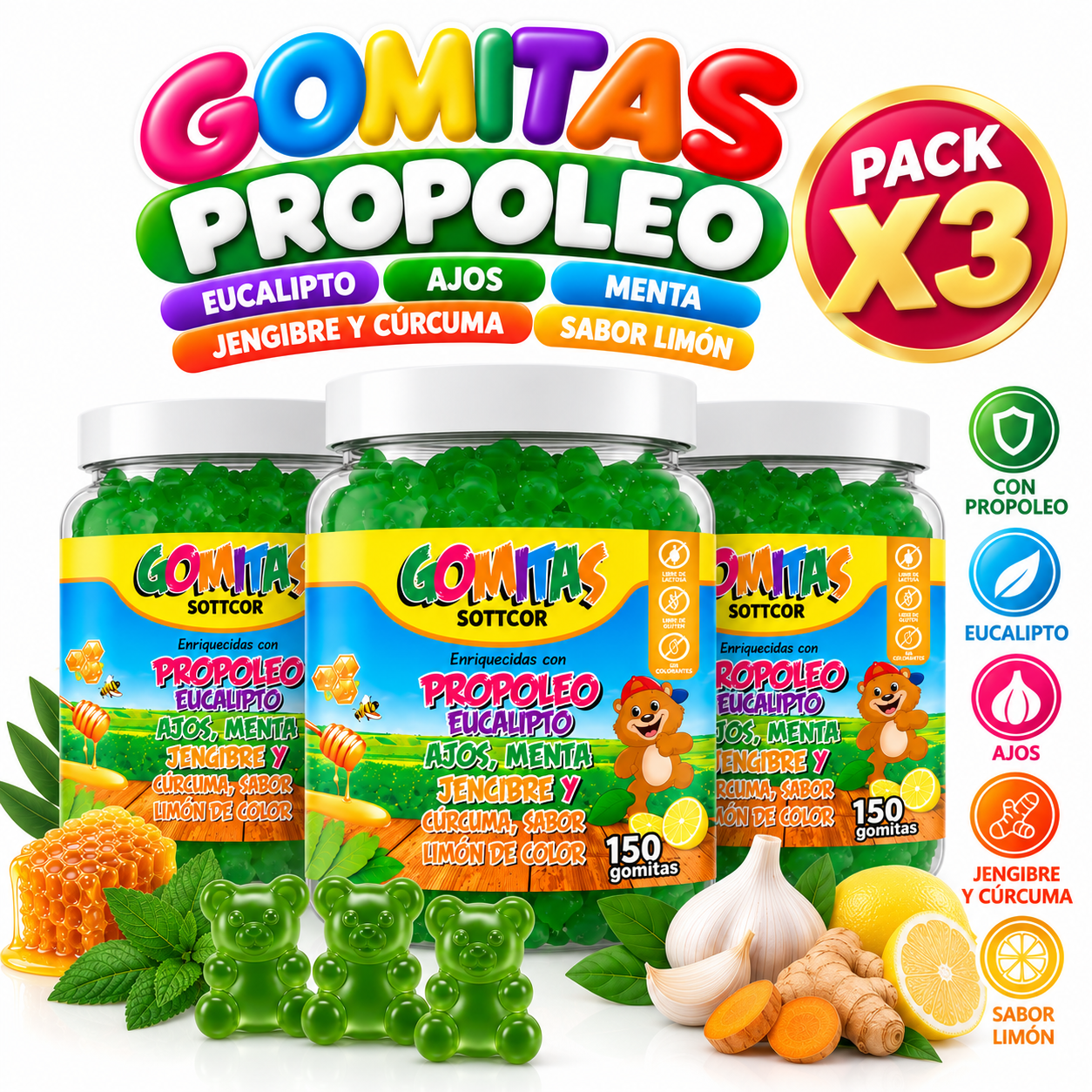 PACK 3 GOMITAS PROPÓLEO NIÑOS 450 GOMITAS SOTTCOR LABS - 1