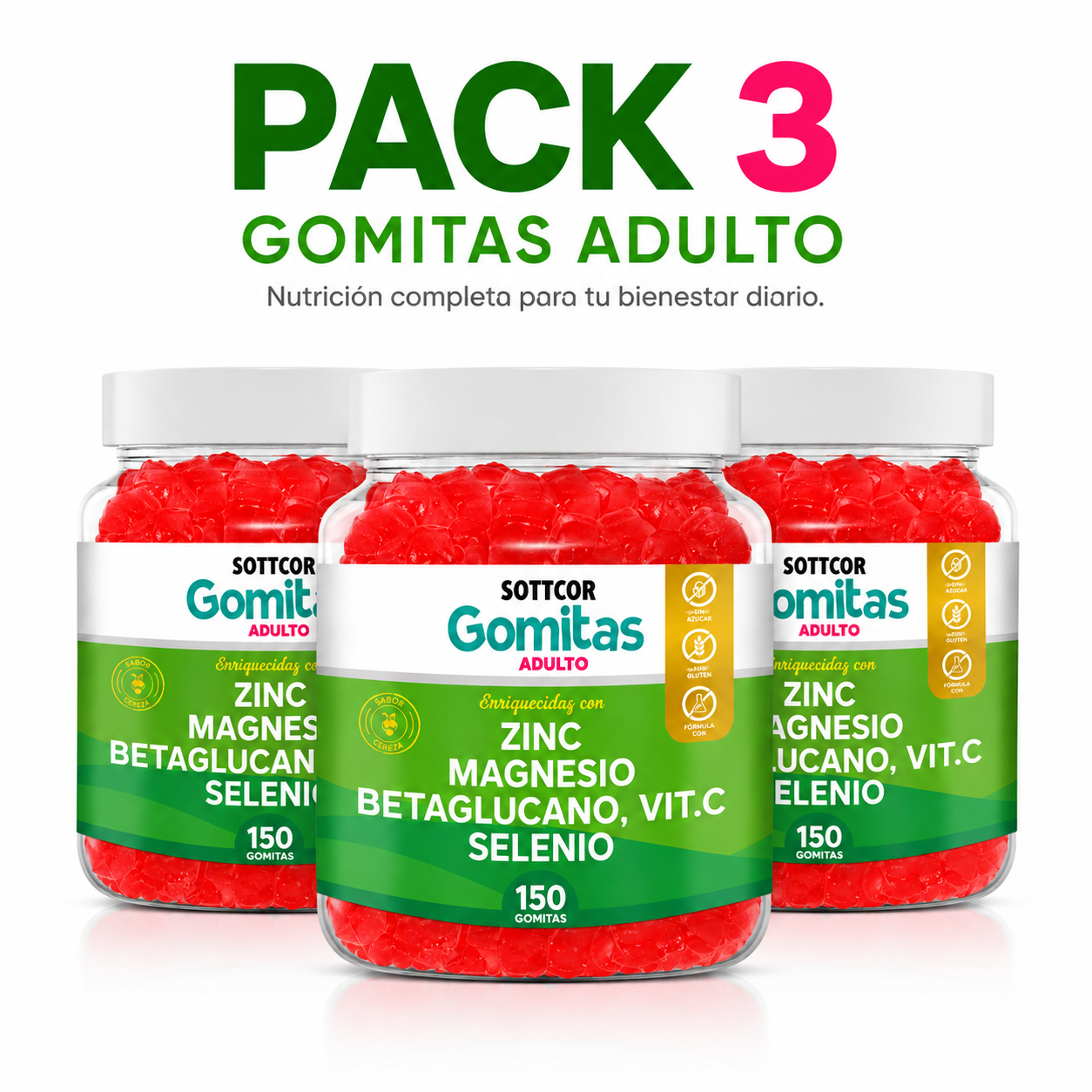 PACK 3 GOMITAS ZINC PARA ADULTOS 450 GOMITAS SOTTCOR LABS - 1