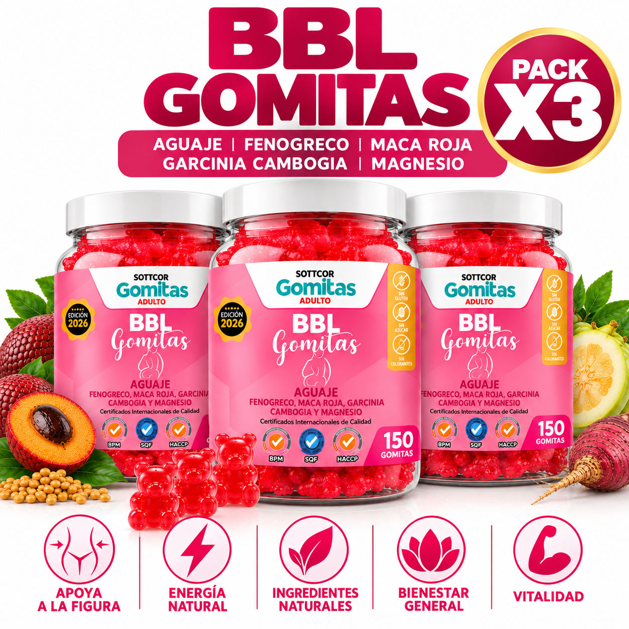PACK 3 GOMITAS DE AGUAJE BBL 450UND SOTTCOR LABS - 1