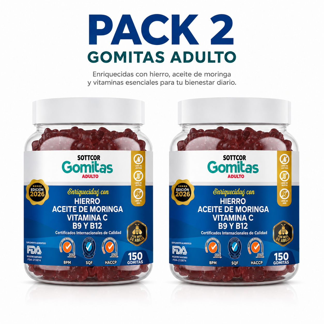 PACK 2 GOMITAS HIERRO PARA ADULTOS 300 GOMITAS SOTTCOR LABS - 1