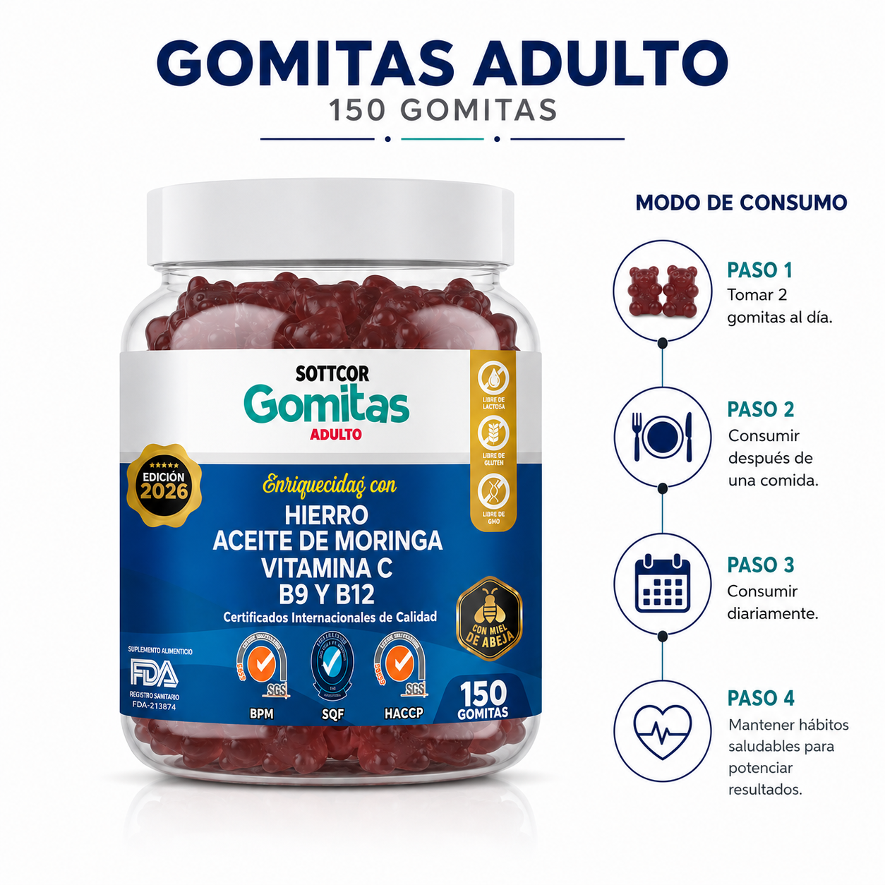 PACK 2 GOMITAS HIERRO PARA ADULTOS 300 GOMITAS SOTTCOR LABS - 3