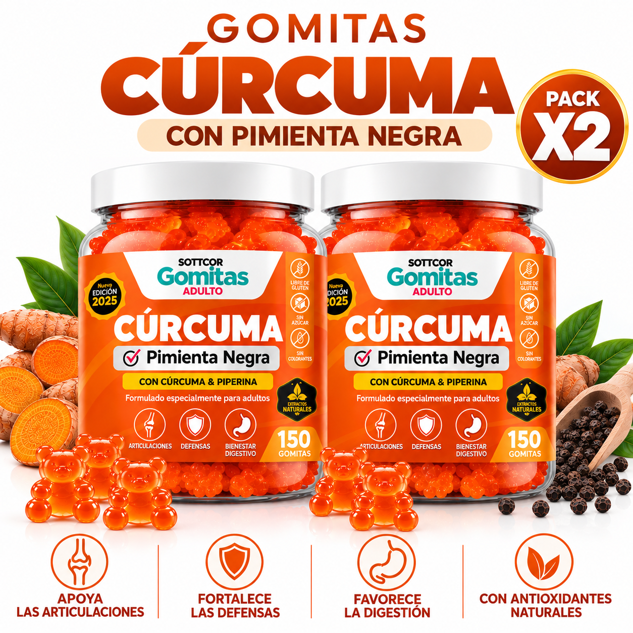 PACK 2 GOMITAS CÚRCUMA PARA ADULTOS 300 GOMITAS SOTTCOR LABS - 1