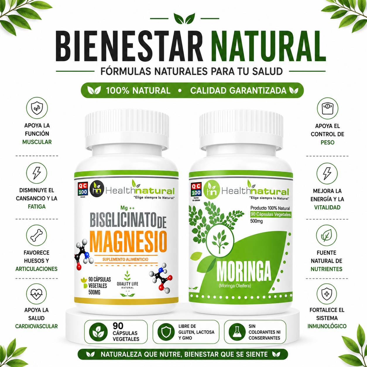 BISGLICINATO DE MAGNESIO HEALTHNATURAL + MORINGA HEALTHNATURAL - 1